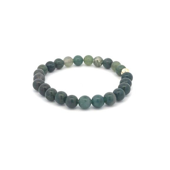 Natural Moss Agate 6mm Stretchable Bracelet 18k Gold Bead Charm - Picture 4 of 5